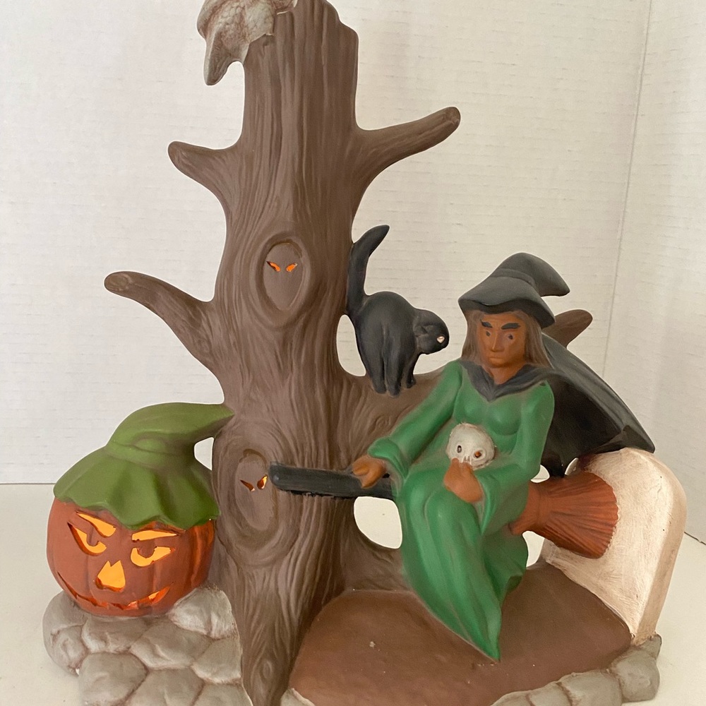 Cramer 1980 Halloween ceramic sculpture witch Jack-o-Lantern black cat owl light